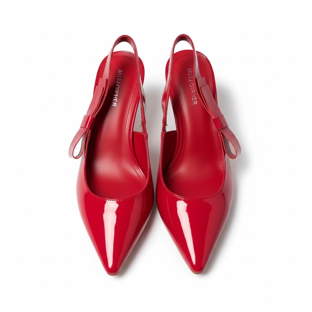 Red Patent Slingback Pointed-Toe Heels with Bow Accent - Picture 3 of 14